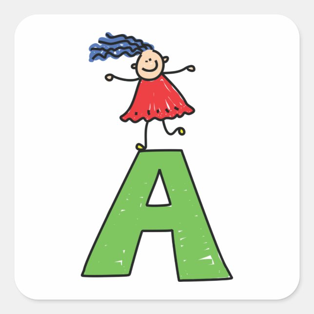 Girl Dancing on Green Letter A Fun Alphabet Quadratischer Aufkleber (Vorderseite)