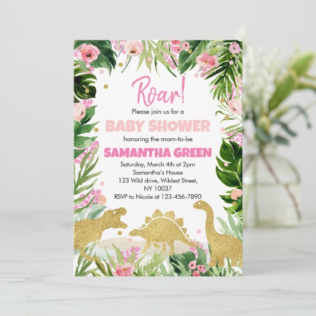 Girl Dinosaur Babydusche Einladung (Stehend Vorderseite)