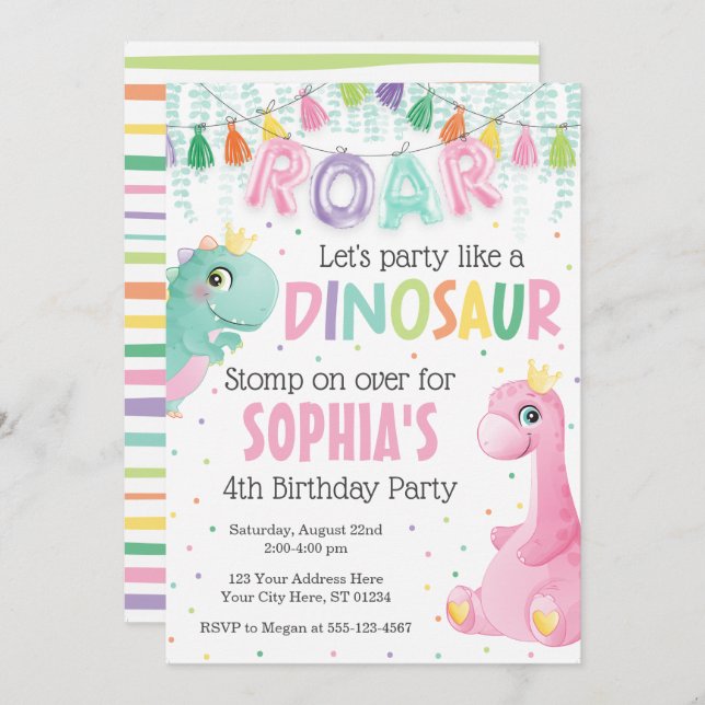 Girl Dinosaur Birthday Einladung (Vorne/Hinten)