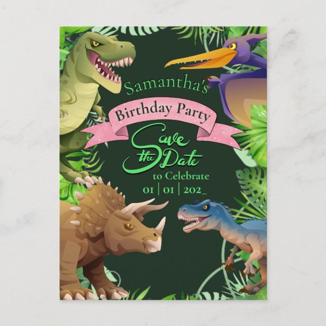 Girl Dinosaur Birthday Einladung Postkarte (Vorderseite)