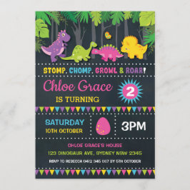 Girl Dinosaur Birthday Party Pink Roar Chalkboard Einladung
