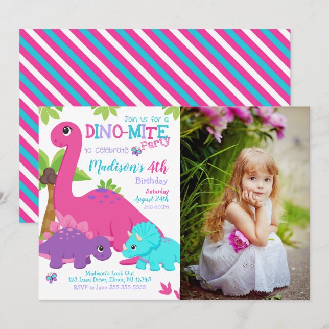 Girl Dinosaur Birthday Photo Invitation Dino Party Einladung (Vorne/Hinten)