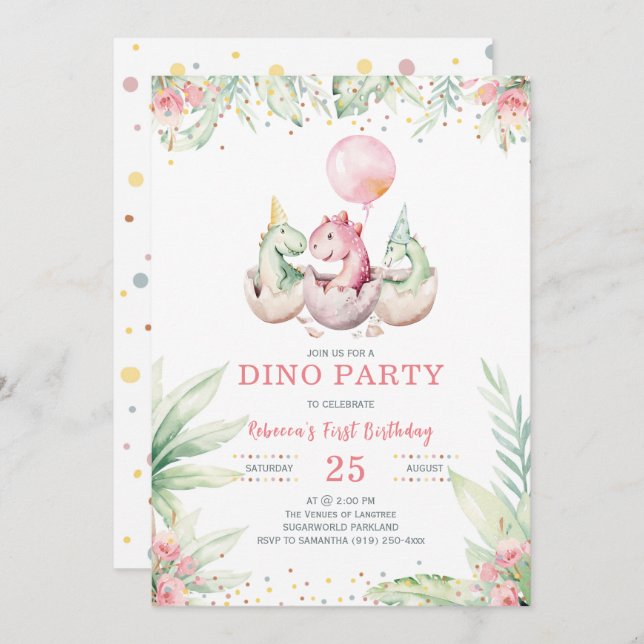 Girl Dinosaur Einladung zum ersten Geburtstag (Vorne/Hinten)