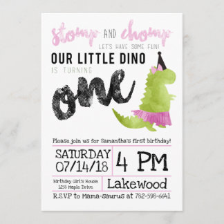 Girl Dinosaur Invitation Tutu First Birthday Einladung