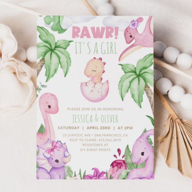 Girl DINOSAUR Kinderdusche Einladung, Lila Dino Einladung (Von Creator hochgeladen)