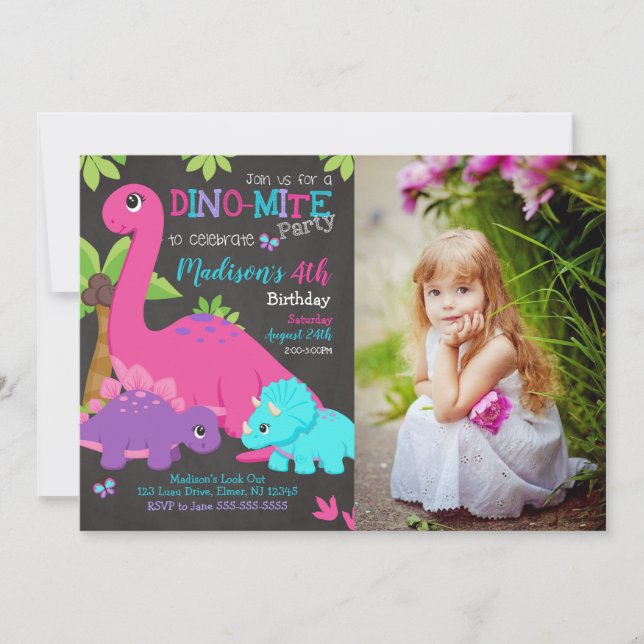 Girl Dinosaur Photo Birthday Invitation Dino Party Einladung (Vorderseite)