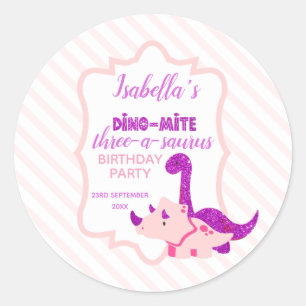 Girl Dinosaur Pink Birthday Party  Runder Aufkleber