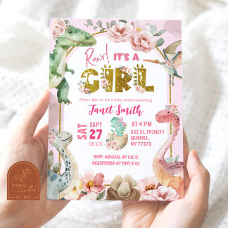 Girl Dinosaur Pink Jurassic Baby Dusche Einladung