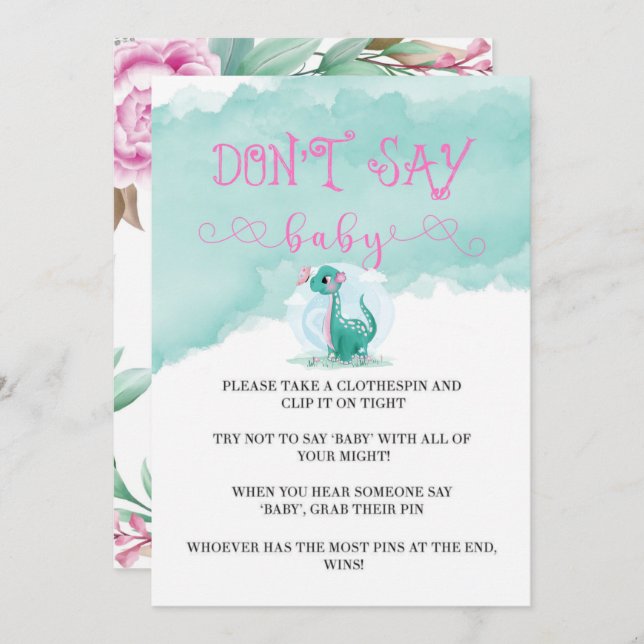 Girl Dinosaur Pink Peony Say Baby Invites (Vorne/Hinten)