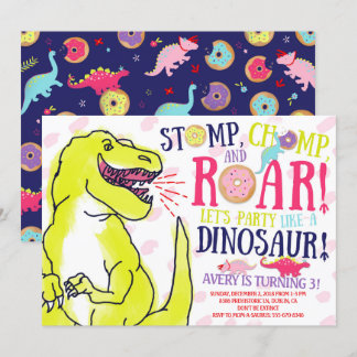 Girl Dinosaurier und Donuts Einladung zum Geburtst