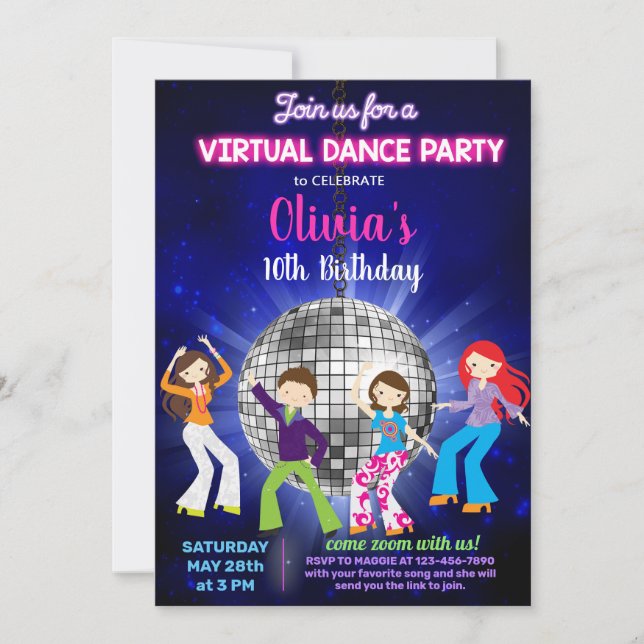 Girl-Disco-Tanz-Party, virtuelles Dance-Party. Einladung (Vorderseite)