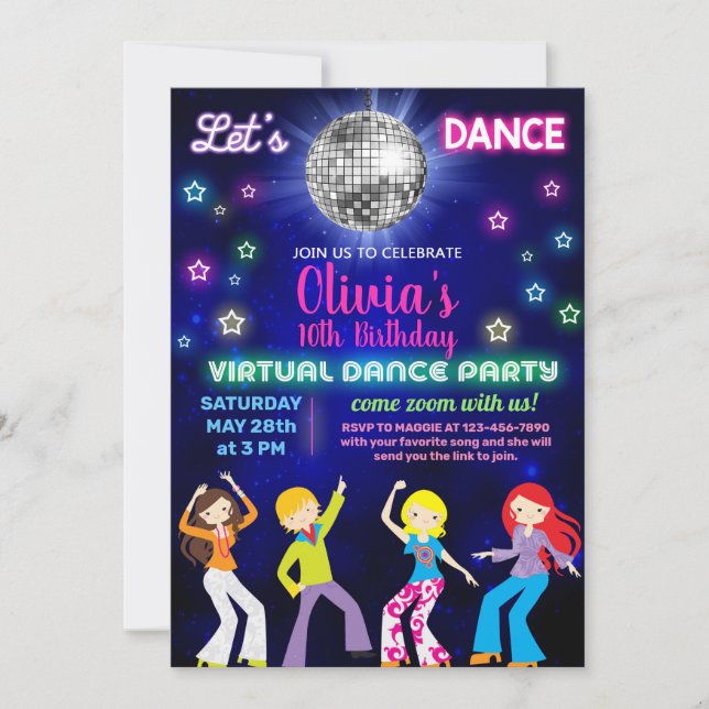 Girl-Disco-Tanz-Party, virtuelles Dance-Party. Einladung (Vorderseite)