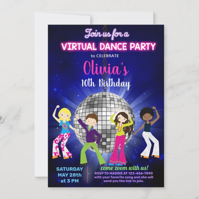 Girl-Disco-Tanz-Party, virtuelles Dance-Party. Einladung (Vorderseite)