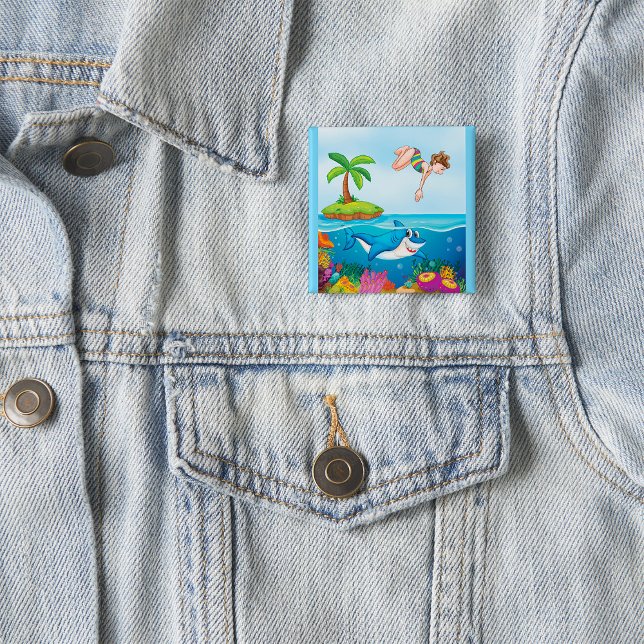 Girl Diving in Ocean Friendly Shark Coral Reef Button (Von Creator hochgeladen)