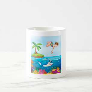 Girl Diving in Ocean Friendly Shark Coral Reef Kaffeetasse