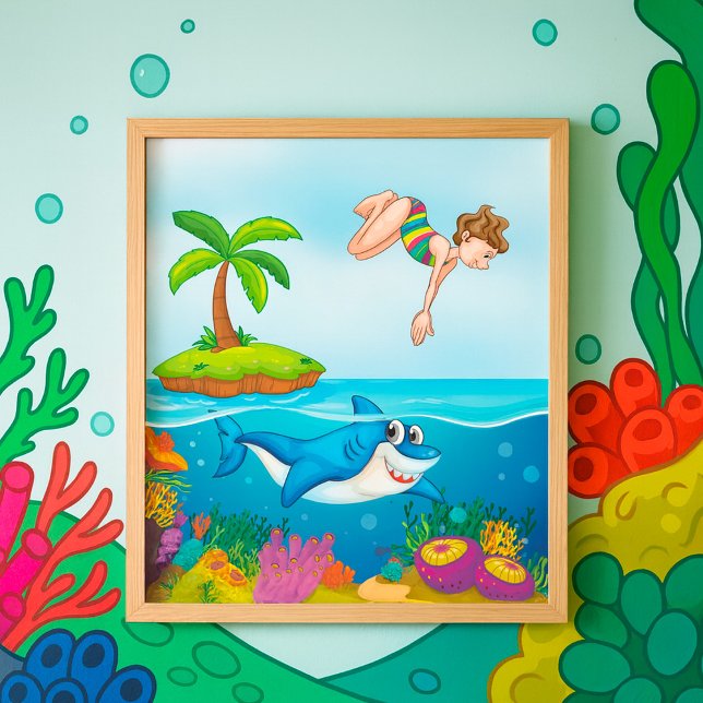 Girl Diving in Ocean Friendly Shark Coral Reef Poster (Von Creator hochgeladen)