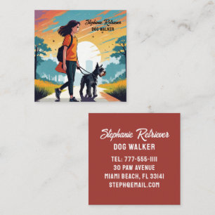 Girl Dog Walker Pet Sitter in orangefarbenem T - S Quadratische Visitenkarte