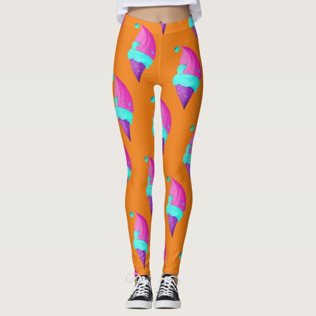Girl Doll Pink Blue Ice Creme Muster auf Orange Leggings (Vorderseite)