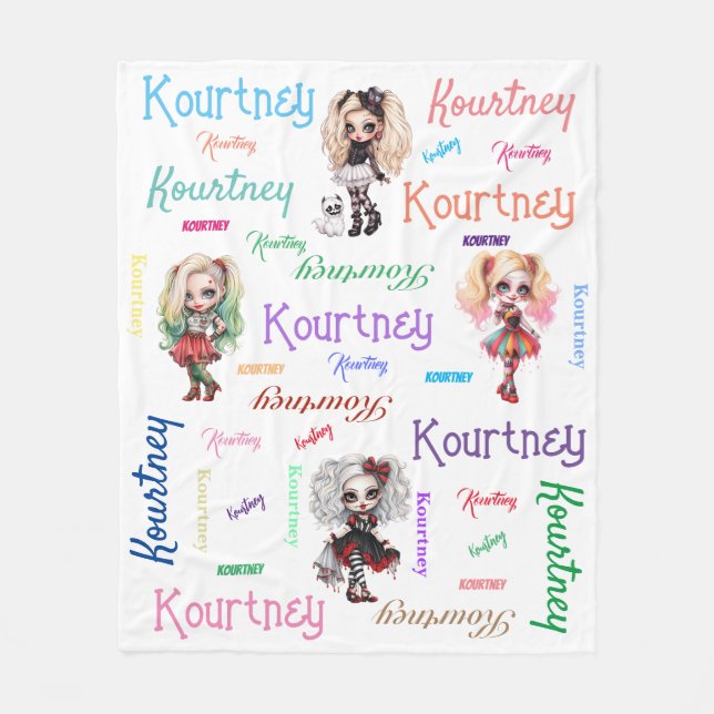 Girl Doll Spooky Halloween Thema mit Namen Fleecedecke (Vorderseite)