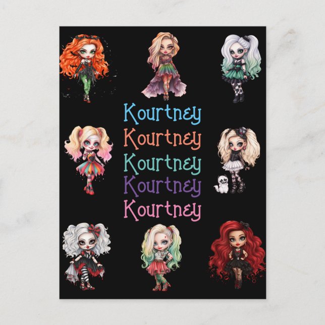 Girl Doll Spooky Halloween Thema mit Namen Postkarte (Vorderseite)