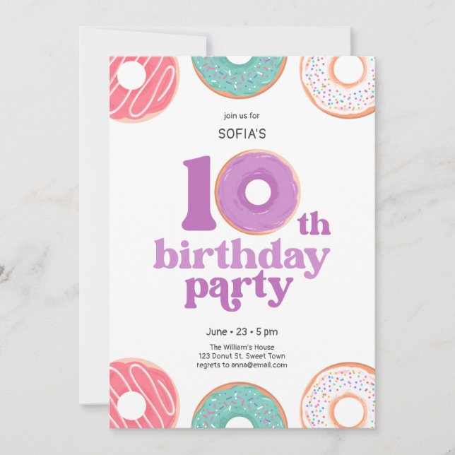 Girl donut 10th Birthday Party Invitation Einladung (Vorderseite)