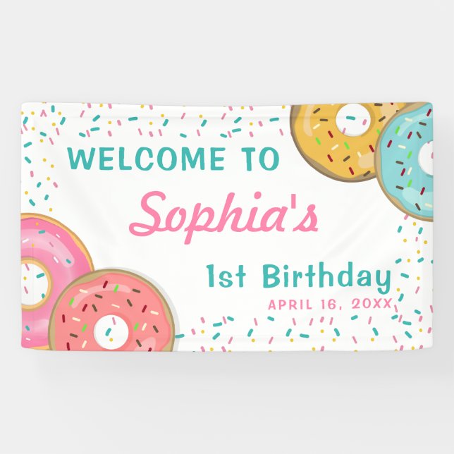 Girl Donut 1. Geburtstag Party konfetti Banner (Horizontal)