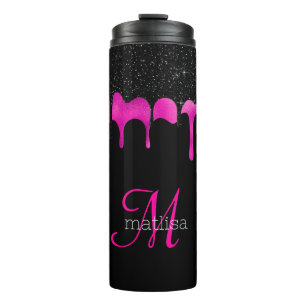 Girl Dripping Glitzer Black & Hot Pink Monogram Thermosbecher