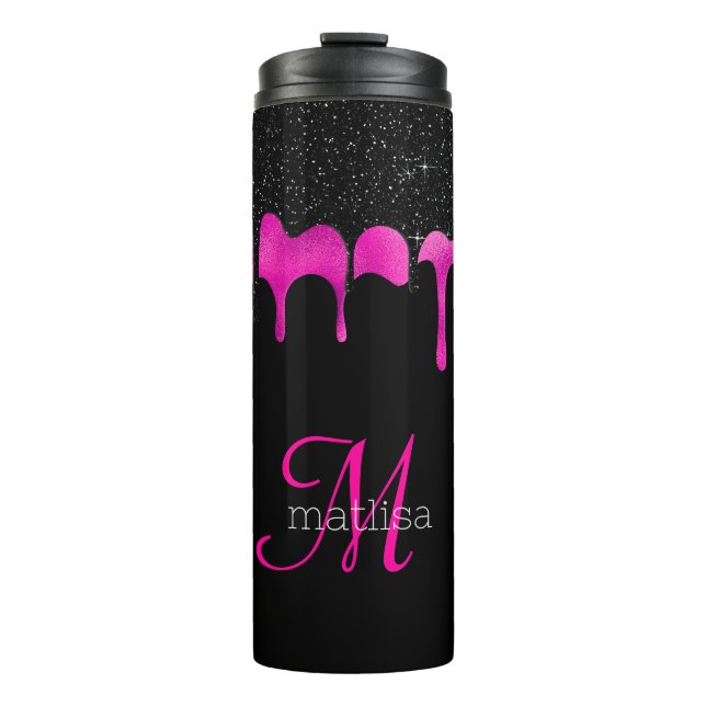 Girl Dripping Glitzer Black & Hot Pink Monogram Thermosbecher (Vorderseite)
