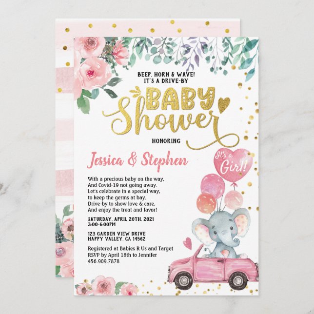 Girl Drive by Baby Dusche Parade Rosa Elefant Einladung (Vorne/Hinten)