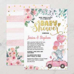 Girl Drive by Baby Dusche Parade Rosa Elefant Einladung