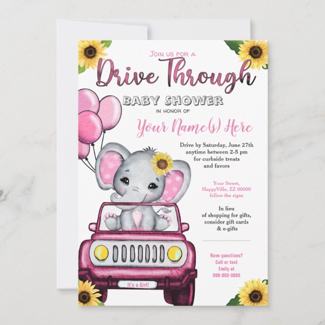 Girl Drive By Baby Shower Elephant Sonnenblume Einladung (Vorderseite)