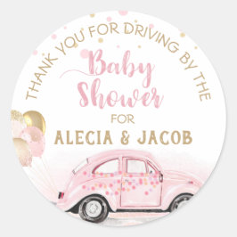 Girl Drive by Car Baby Dusche Danke Pink Gold Runder Aufkleber