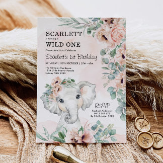 Girl Elephant 1. Geburtstag Blush Bloral Eucalyptu Einladung