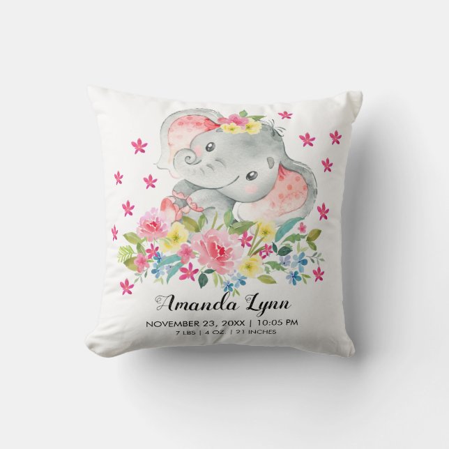 GIRL Elephant Baby Birth Stats Pillow Kissen (Vorderseite)