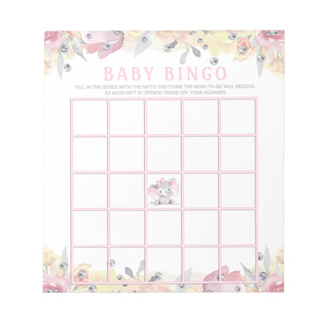 Girl Elephant Baby Dusche Bingo Spielkarten Notizblock (Vorderseite)