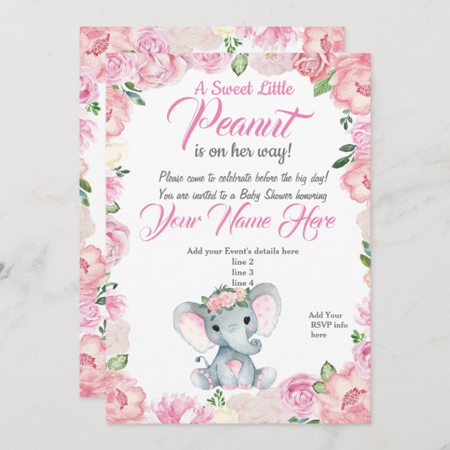 Girl Elephant Baby Dusche Einladung Rose pink (Vorne/Hinten)