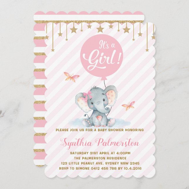 Girl Elephant Baby Dusche Pink Gold Star Einladung (Vorne/Hinten)