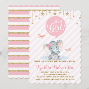 Girl Elephant Baby Dusche Pink Gold Star Einladung