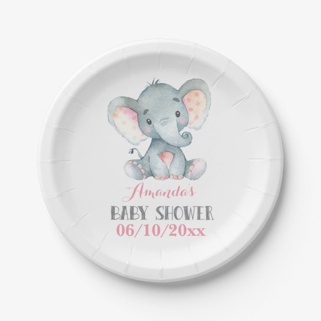 Girl Elephant Baby Dusche Pink Pappteller (Vorderseite)