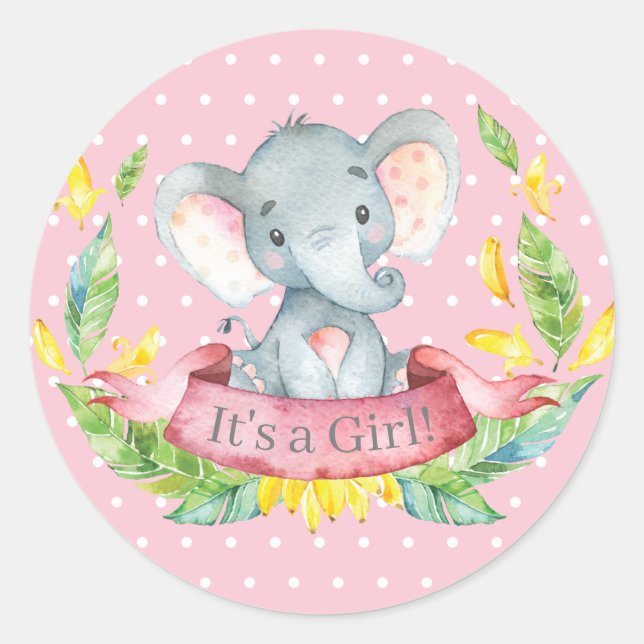 Girl Elephant Baby Dusche Pink Runder Aufkleber (Vorderseite)