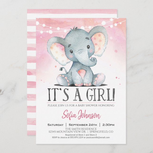 Girl Elephant Baby Dusche Rosa Einladung (Vorne/Hinten)