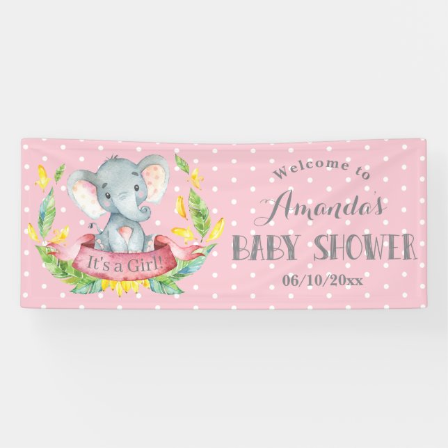 Girl Elephant Baby Dusche Rosa und Grau Banner (Horizontal)