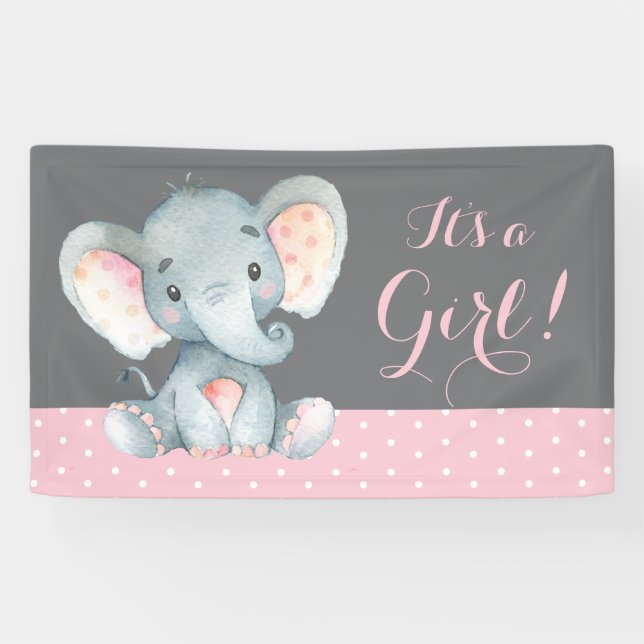 Girl Elephant Baby Dusche Rosa und Grau Banner (Horizontal)