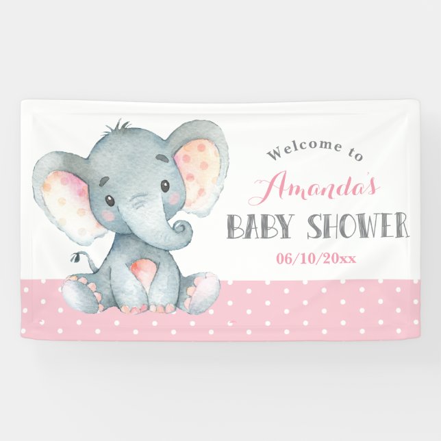 Girl Elephant Baby Dusche Rosa und Grau Banner (Horizontal)