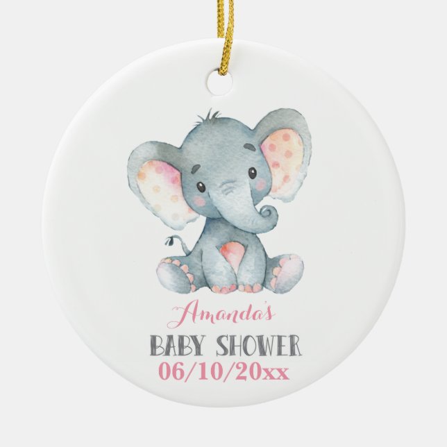 Girl Elephant Baby Dusche Rosa und Grau Keramik Ornament (Vorne)