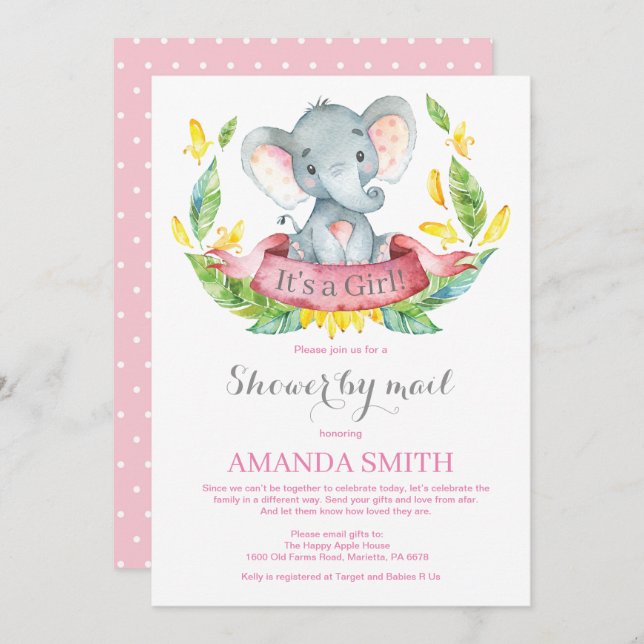 Girl Elephant Baby Shower by Mail Einladung (Vorne/Hinten)