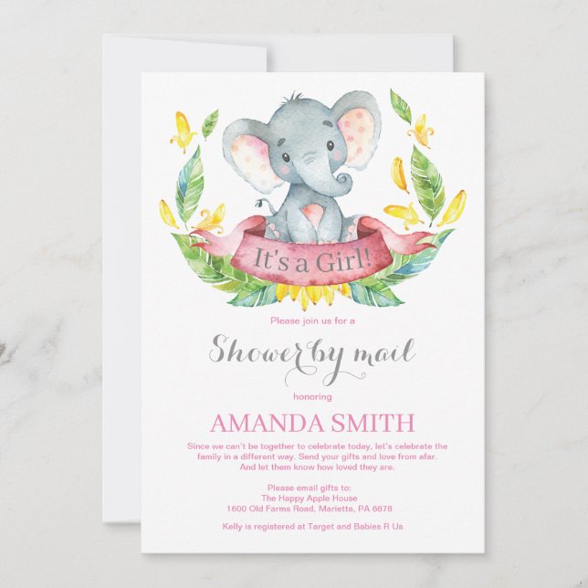 Girl Elephant Baby Shower by Mail Einladung (Vorderseite)