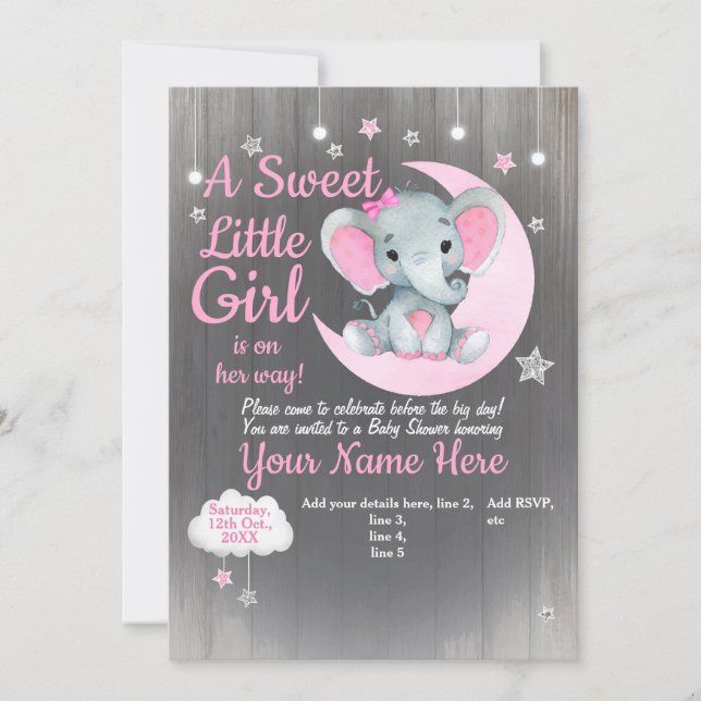 Girl Elephant Baby Shower Einladung Stars Moon (Vorderseite)
