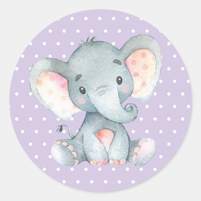 Girl Elephant Babydusche Lila Runder Aufkleber (Vorderseite)