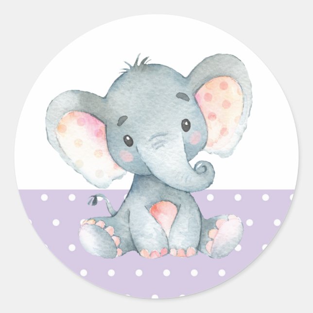 Girl Elephant Babydusche Lila Runder Aufkleber (Vorderseite)